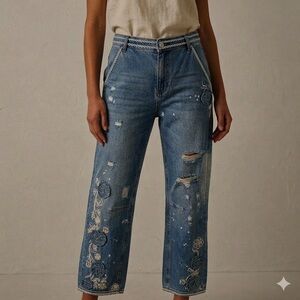 Oli & Hali Floral Embroidered Distressed Boho Straight Leg Jeans Size Medium